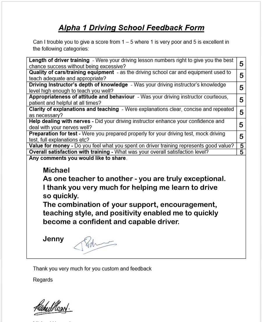 Testmonials for Alpha1 driving school driving instructors